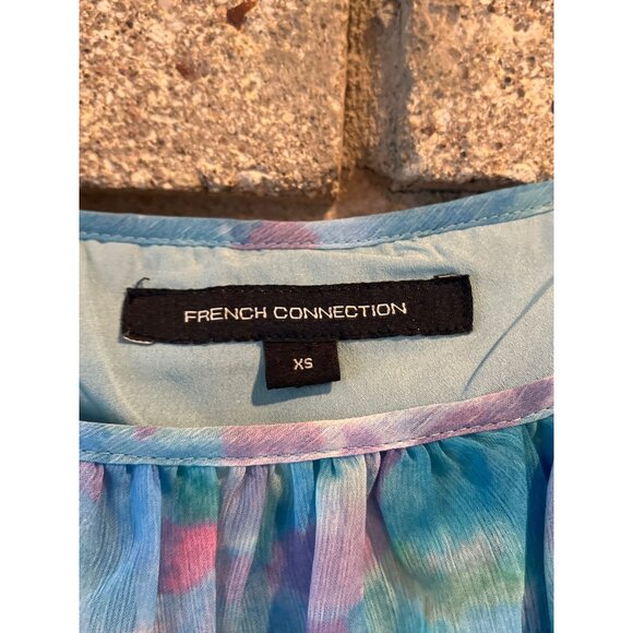 French Connection XS Ruffled Sleeveless Watercolor Peplum Top Blue & Pink - Picture 4 of 9